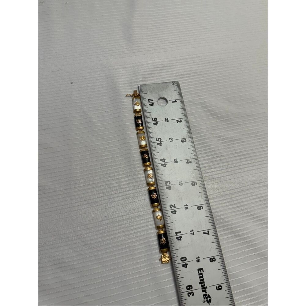 ONYX MOTHER OF PEARL GOLD VINTAGE BRACELET ORIENTAL MOTIF 8 Symbols - Picture 4 of 10